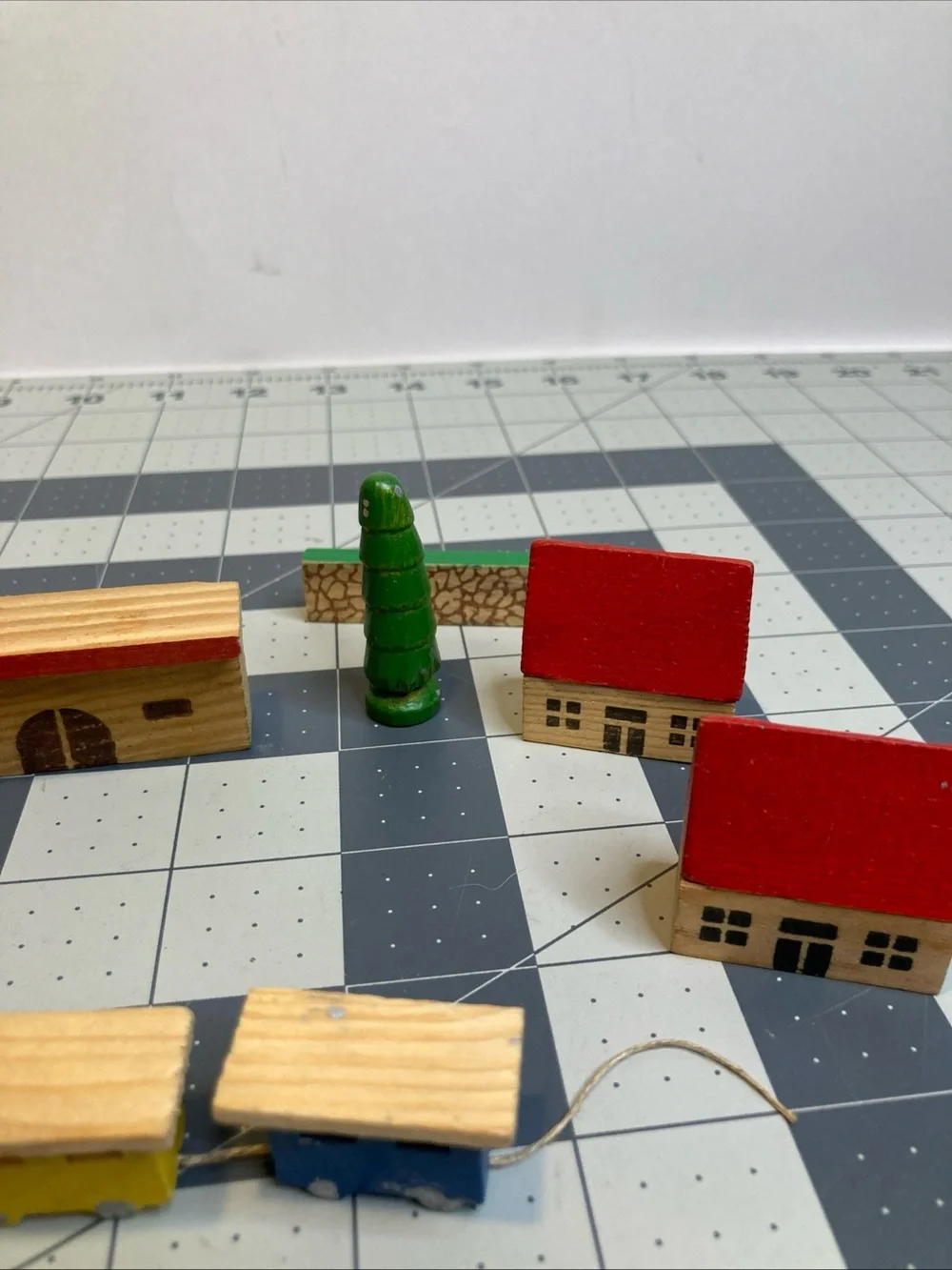 Vintage Wood Block Village Houses Train Station Wooden German Putz Erzgebirge